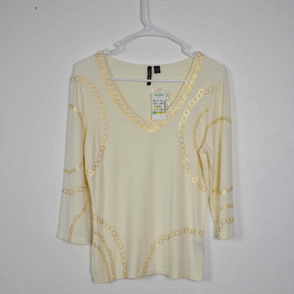 Venini V Neck Gold Ring Chain 3/4 Sleeve Top